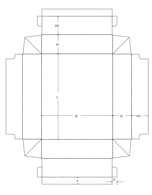 Stuelpschachtel Verpackung ECMA B1022 staubdicht mit Aritierung an den Seiten technische Zeichnung
